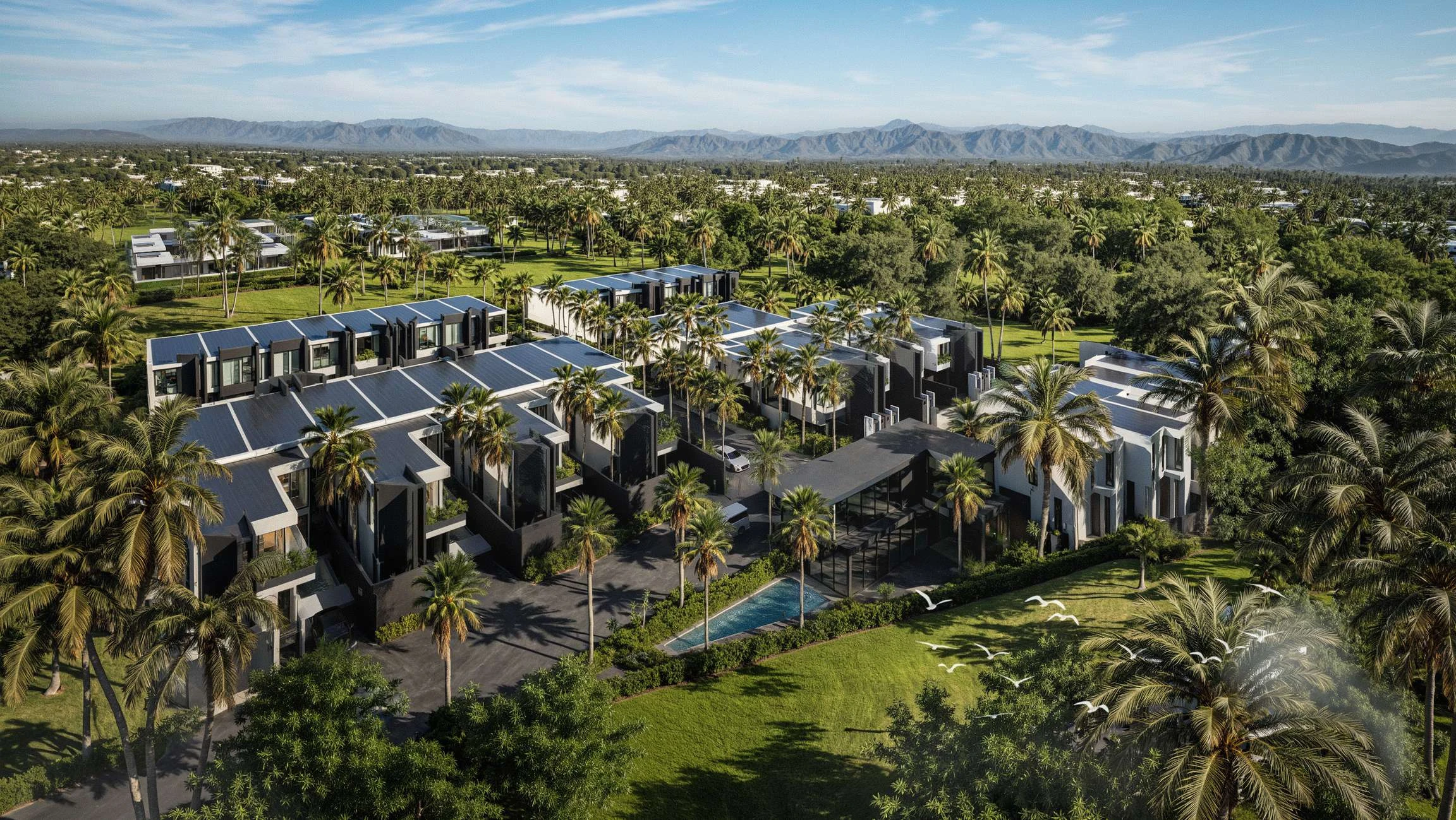 Architectural visualisation of Aileen Residence set among tropical greenery