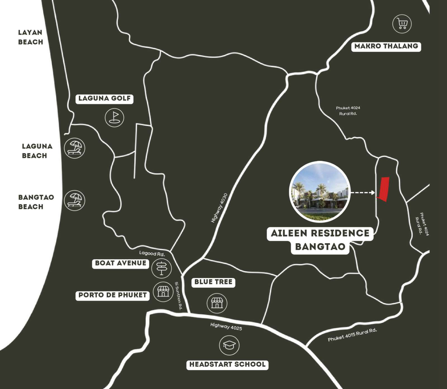 Project location map showing Aileen Residence, Bangtao Beach, Blue Tree and Boat Avenue